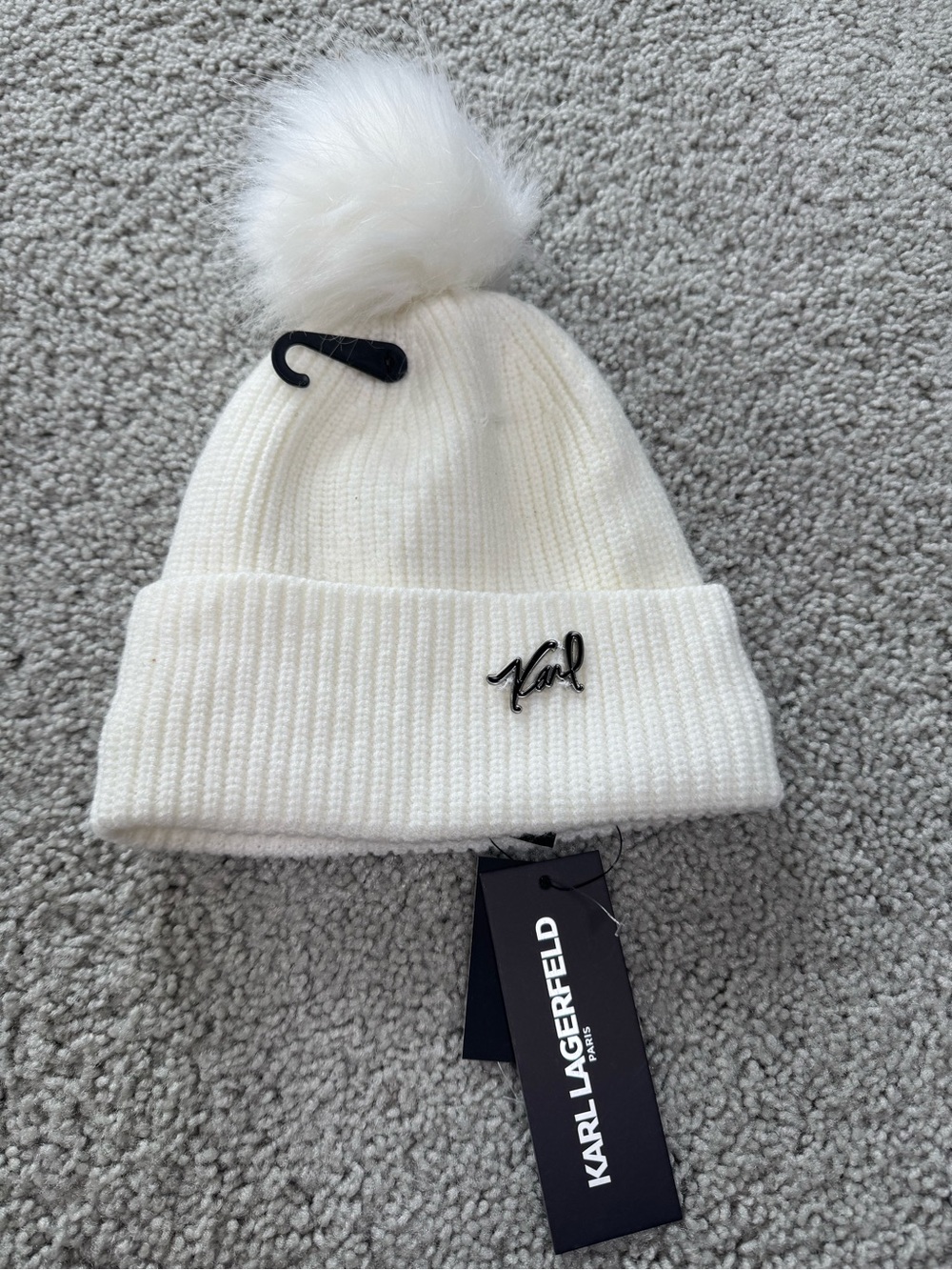 Karl Lagerfeld Kids White Knit Beanie with Faux Fur Pom